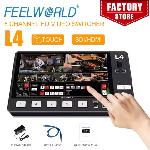 FEELWORLD L4 10.1 Inch Multi Camera Video Mixer Switcher With Touch Screen 4xHDMI 1xSDI Inputs Chrom