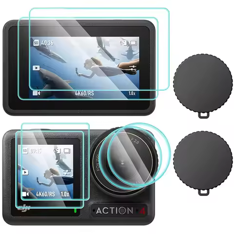 For DJI Osmo Action 4 9H Tempered Glass Film+Mini Carring Bag+Lens Protective Case+Windslayer Cover 