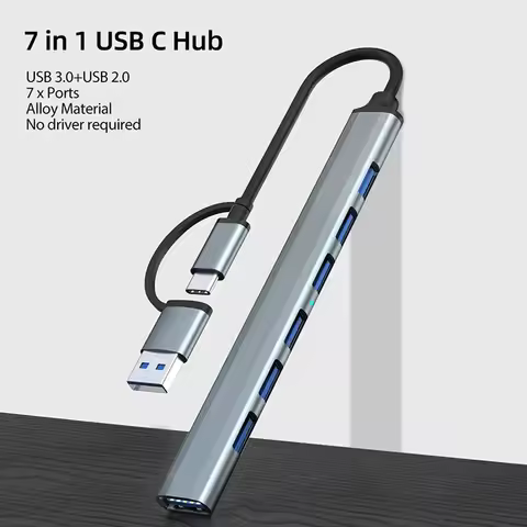 USB Hub 3.0 with 7 Ports Aluminum Alloy USB 2.0 Hub Type C Splitter Extender for Laptop PC MacBook P