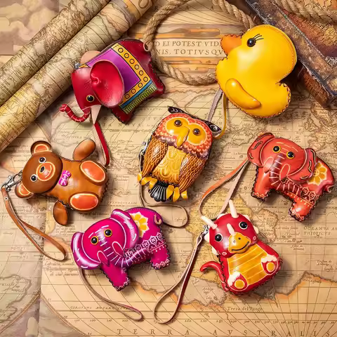 Genuine Leather Cute Coin Purse Handmade Animal Wallet Bag Card Hoder Lipstick Case Mini Earphone Fo