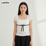 Lovito Blouse Comel Sulaman Eyelet Ikatan Hadapan Colorblock untuk Wanita L177AD890