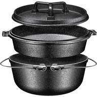 Pre-Seasoned All in 1 Cast Iron Camping Cookware Set - Stock Pot + Frying Pot + Dutch Oven For Outdo