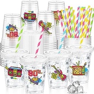 50 Pcs 80's Party Cups Disposable Plastic Cup 12 Oz G Back to 80s mugs Thick 80s Theme Clear mug Lid