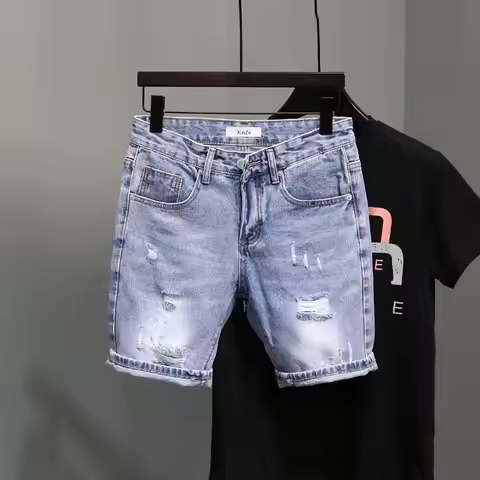 Summer Fashion Denim Shorts Men's Thin Korean Blue Ripped Five-point Pants Elastic Trend Trendy Bran