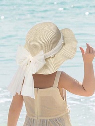 1個夏季兒童女孩草帽，可摺疊寬邊帽遮陽帽沙灘帽蝴蝶結軟邊帽，防曬