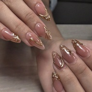 24pcs Short Almond-Shaped, Press-On Fake Nails Set, 3D French Gold-Plated Luxury Nails, Acrylic Full