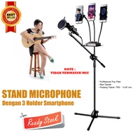 Stand Microphone Standing Holder Tripod 3xSmartphone Holder Jepitan Penjepit Hp dengan Pop Filter Tr
