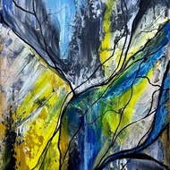 Yellow Sparks in the Blue Silence/Original WallArt Abstract Acrylic on cardboard