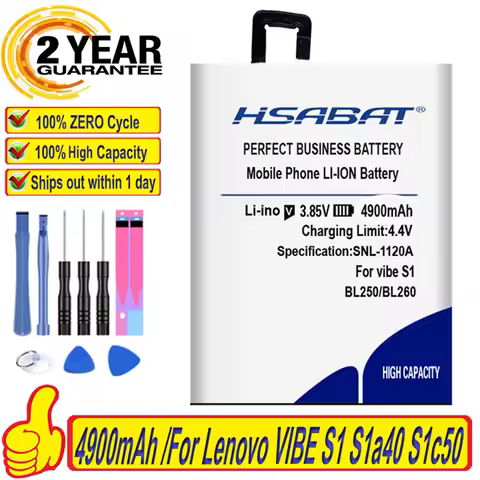 HSABAT 100% New 4900mAh BL250 Battery for Lenovo VIBE S1 S1a40 S1c50
