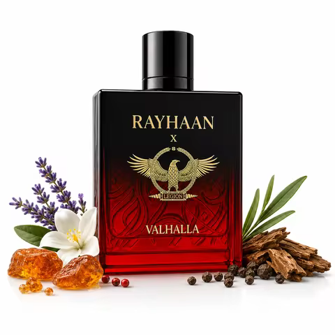 Rayhaan X Valhalla EDP Cologne For Men Red Gradient Embossed Bottle Golden Eagle Pattern Long Lastin