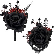 Black Wrist Corsage and Boutonniere Set Gothic Flowers Bouquet for Flower Accessories Prom Suit Deco
