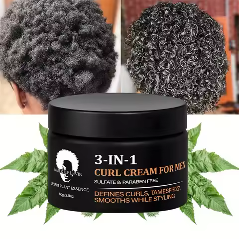 3-IN-1 Men’s Curl Cream: Sulfate/Paraben-Free, Desert Plant Essence, Defines Curls, Tames Frizz & Sm