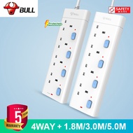 BULL Extension Cord Socket Plug 4 Way 1.8/3.0/5.0m Power Strip Lightning Protection with Safety Mark