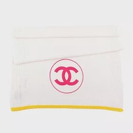 CHANEL 桃紅Logo 黃邊喀什米爾羊毛圍巾/披肩 (白色)