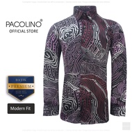 Pacolino - (Modern Fit Cutting) Maroon Color Malaysia Men Premium Batik Long Sleeve Kemeja Batik Lel