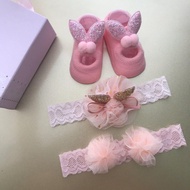 EEE 3pcs Gift Set Box Baby Girl Newborn Socks with Lace Headband set/Stokin bayi prempuan