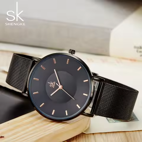 Shengke Fashion Black Watch for Women Classic Relogio Feminino Quartz Ladies Watch Woman Adjustable 