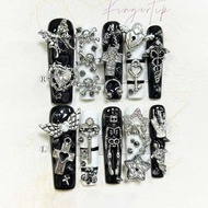 10PCS Extra Long Tube Square Y2K Gyaru Black White Stripes Handmade Press On Nails Stars Cross Fake 