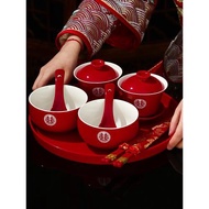 結婚改口敬茶杯套裝一對婚禮紅色碗筷敬酒杯喜碗茶具女方陪嫁用品