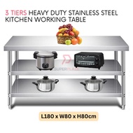 L180xW80xH80cm 3 Tiers Stainless Steel Kitchen Table Storage Heavy Duty Cooking Table Rack