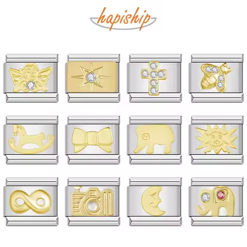 Hapiship 2024 New Elephant Sun Cross Bee Angel Camera Italian Charm Links Fit 9mm Bracelet Stainless