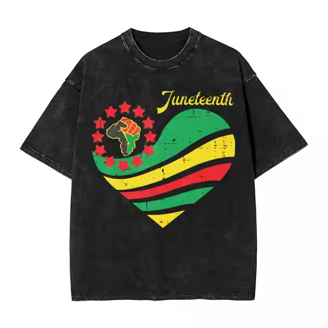 Washed T Shirts Juneteenth Heart Africa Fist June 19th 1865 Hip Hop T-Shirts Oversize Streetwear Cot