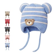 Winter Tether Ear Protector Kids Hat Striped Warm Beanie Hat Boy Boy Baby Kids Cartoon Bear Knit Hat