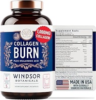Thermogenic Multi Collagen Burn Capsules - Windsor Botanicals Hydrolyzed Collagen Peptides Complex Types I, II, III, V, X, Plus Hyaluronic Acid - Thermogenic Supplement for Women and Men - 90 Pills