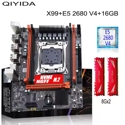 QIYIDA X99 Gaming Motherboard Kit with Xeon E5 2680 V4 DDR4 16GB=8Gx2 RAM M.2 NVME NGFF SATA USB for