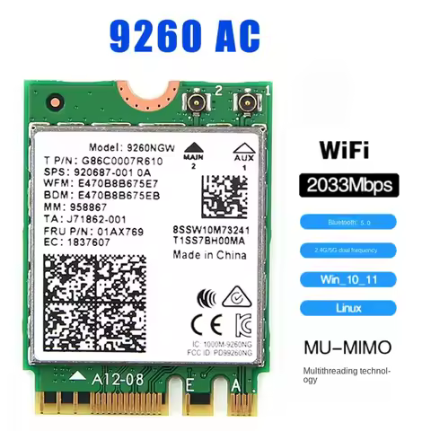 9260NGW 9260AC WiFi 5 Wireless Network Card Bluetooth 5.0 2033Mbps 802.11AC Dual-Band 2.4G 5G Win 10