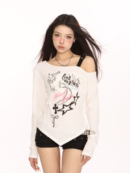 Sweet And Spicy Cat Print Long Sleeve T-Shirt Womens Summer Shoulder Bared Asymmetrical Hemline Cove