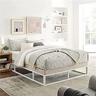 Classic Brands Capri White Metal Platform Bed Frame with Built-in Beige Upholstered Mattress Foundation, Queen