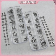 JIAUTING 60Pcs/12 Grids Mixed 3D Punk Silver Heart Cross Metal Manicure Nail Decoration Retro Differ