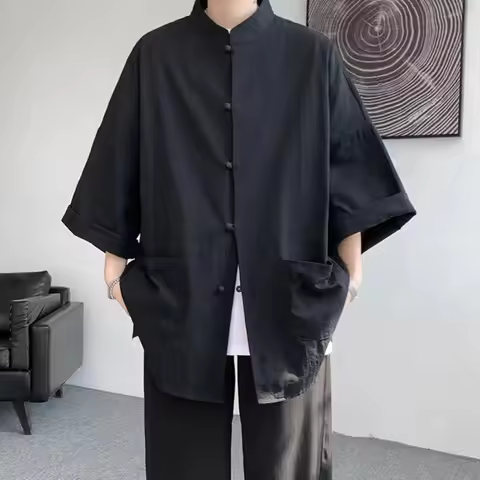 Asia & Pacific Islands Clothing Summer Breathable Japanese Style Men Haori Cotton Linen 3/4 Short Sl