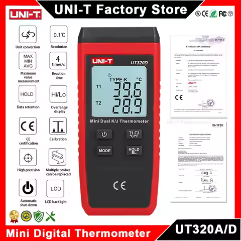 UNI-T UT320A UT320D Digital Thermometer Mini Dual K/J Type Thermocouple Thermometer -50℃ to 1300℃ Hi