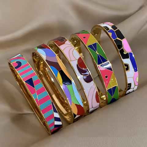 Unique Colorful Enamel Geometric Pattern Cuff Bracelet for Women Personality Gold Plated Stainless S