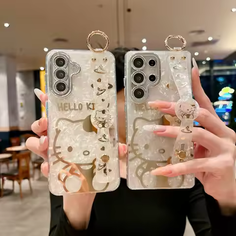 Trendy Girlish Plating Glossy Sanrio Hello Kitty Case For Samsung S26 Ultra S25 S24 Plus Wristband L