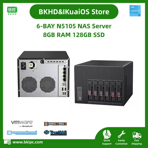 6-Bay NAS Support 2.5" 3.5" SATA HDD SSD Inside Celeron N5105 8GB RAM 128GB SSD 4x2.5GbE for Home Se
