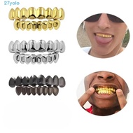 YOLO Teeth Grillz Caps, Shiny Glossy  Teeth Grillz Top Bottom Set, Fashion Gold Silver Anti Slip Tee