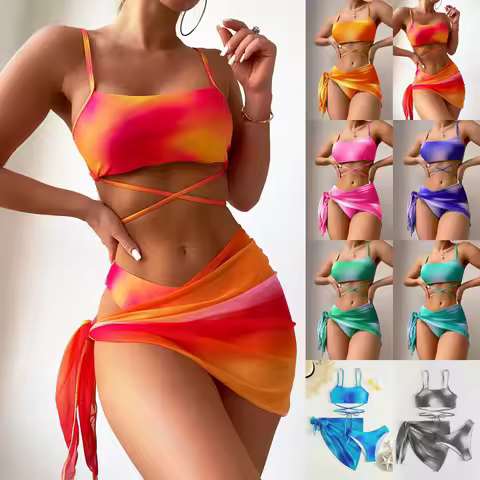 Tie Dye Bikini Swimsuit Women's Three Piece Set Mesh Skirt Split Body Suspender Fashionable Swimsuit