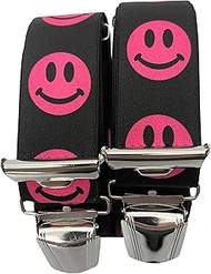 Men's Braces - Laughing Emoji Motif in Pink - 3.5 cm Wide, Adjustable 65-125 cm - X-Shape - Robust C