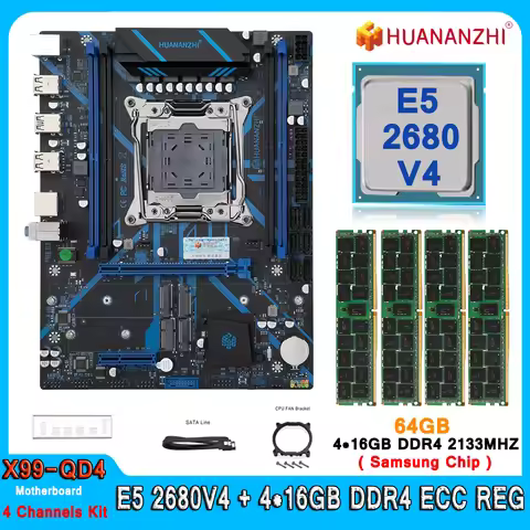 Huananzhi X99 QD4 Motherboard Set Kit With LGA2011-3 Xeon E5 2680 V4 CPU DDR4 64GB (4*16GB) 2133MHZ 