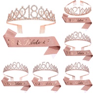 Rose Gold Crystal Crown and Birthday Sash for Woman 18-70th Birthday Party Decorations Supplies