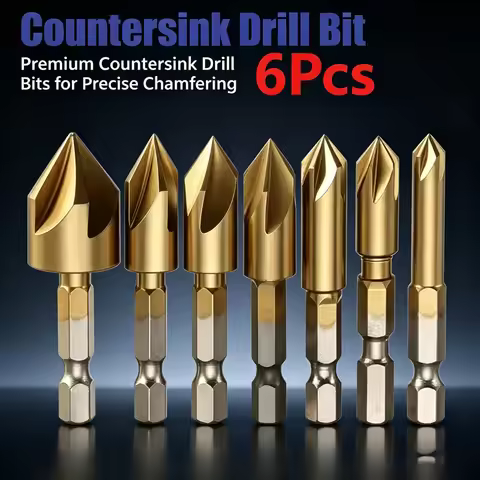 6Pcs Five Flute Countersink Drill Bits 1/4 Hex Shank Titanium Coated Chamfer Cutter For Furniture Ma