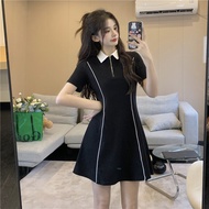 【Dress Oversize】(40-150kg) Korean Style Fashion Women Summer T-shirt A-line Dress Plus Size Short Sleeve Polo Collar Midi Dress