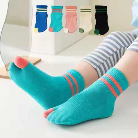 5 Pairs Kids Split Toe Tabi Socks Fashion Striped Mid-tube Two Fingers Sock Student Baby Boys Girls 