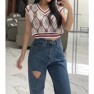 Cutie Bear Argyle Crop Vest Sleeveless Knit Outer Top Houndstooth Top Women's Knit Vest Top
