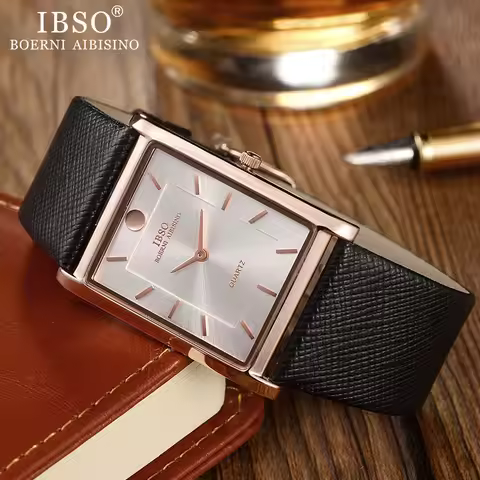 IBSO Ultra-Thin Rectangle Dial Men Watches Soft Leather Strap Quartz Wristwatch Classic Business Wat