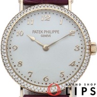 二手百達翡麗Calatrava系列34毫米鑲鑽錶圈自動腕錶，型號7200/200R-001，附原廠錶盒和保固卡，18K白金/皮革錶帶，銀色，拋光處理，成色極佳。