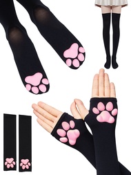 2 Pairs Cat Paw Socks and Gloves Black 3D Kitten Claw Thigh High Socks Kitten Paws Socks Gloves for 
